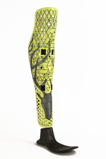 These prosthetic leg covers adorn and add a human silhouette to artificial limbs. Intended as a fashion accessory, the goal is to give amputees choice to select from a large variety of colors and patterns and the ability to shop in the same way they choose clothes.
