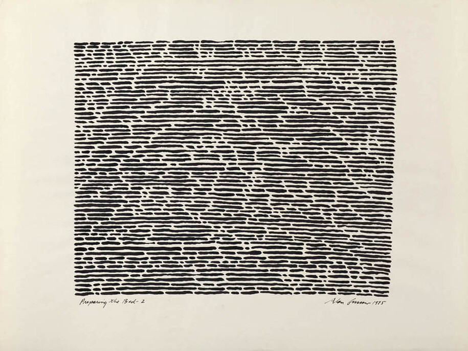 Alan Gussow (1931-1997), Preparing the Bed – 2, 1975, Ink on paper, 18 x 24 inches. Courtesy of Driscoll Babcock Galleries