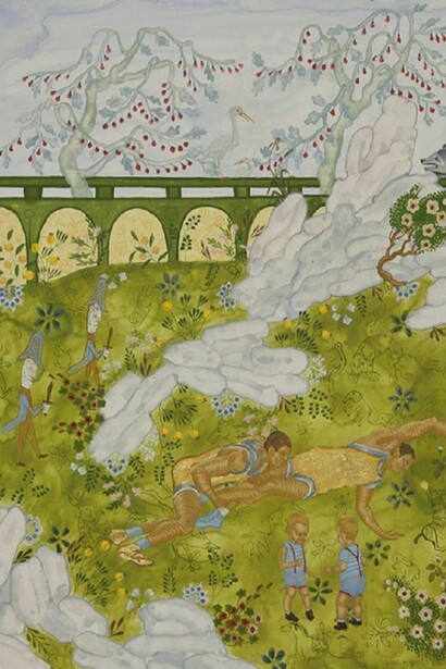 Larissa Bates, Gold Leaf Wrestlers and Head Honchos and Two Baby Pilis, 2012, gouache and gold leaf on panel, 10 by 8 inches