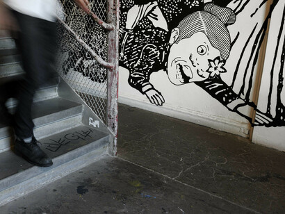 Abigail Lazkoz: Cameraman
Abigail Lazkoz created the series Cameramen in 2002 and displayed it for the first time in MoMA PS1’s exhibition Greater New York 2005. The work consists of three large-scale drawings that reinterpret Jose Guadaulpe Posada’s 1914 engraving Se Aproxima el Fin del Mundo Las Profecias Se Cumplen Temblores, Erupciones, Guerras, Pestes, Hambres E Incendios. La Celebre Madre Matiana (The end of the World is Near, Prophecies Come True, Earthquakes, Eruptions, Wars Diseases, Famine, and Fires).

Abigail Lazkoz. Cameraman. 2002. © 2017 Abigail Lazkoz. Photo: Martin Seck