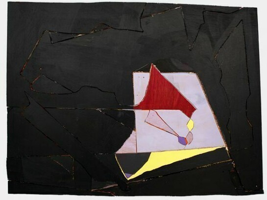 Lisi Raskin, Untitled (black monochrome), acrylic paint, oil paint, paper, archival glue, nails, and wood, 23 1/2 x 30 3/4 inches
