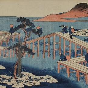 Katsushika Hokusai, Seltene Ansichten berühmter Brücken in verschiedenen Provinzen: Die achtteilige Brücke bei Mikawa, um 1831/32, Farbholzschnitt, 23 x 34,5 cm © Privatsammlung, Wien