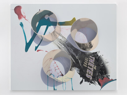 Seth Price, Danlivin, 2022, acrylic paint, generatively produced image reverse-transferred into acrylic polymer, and UV-print on aluminum composite. Courtesy of the artist and Petzel Gallery