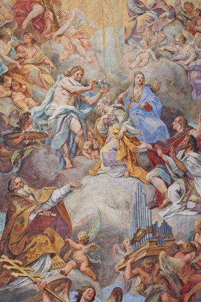 Roma, Basilica di Santa Cecilia in Trastevere, volta della navata centrale con affresco realizzato da Sebastiano Conca nel 1727 raffigurante l’Apoteosi di Santa Cecilia, ph. Roberto Luciani
