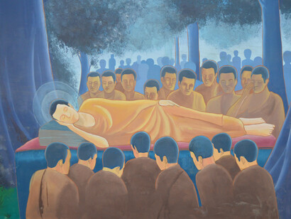 Pintura sobre la vida de Buda en el templo Yempi Mahavihar, Patan