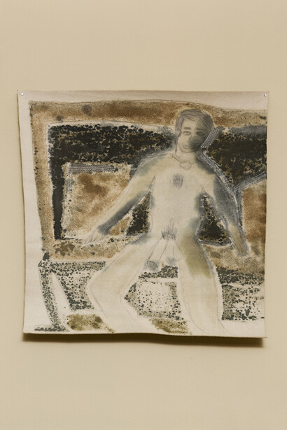 f.marquespenteado, Jonas e narrador no Marrocos, saído de festa à fantasia, 2014, gouache on indutrial felt embroidery machine, Edition: N/A, 63 x 61,5 cm. Cortesia de Mendes Wood DM , São Paulo