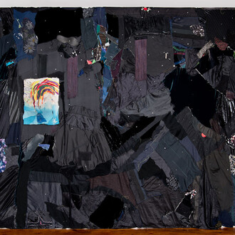 Todd Knopke, Night, 2015, fabric, thread, tassel, plastic plant, acrylic paint, sole insert, metal, net dimensions variable