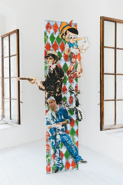 Monsieur Zohore, Three Generations of Italian Americans, 2023, mixed media on canvas, 270x60 cm, photo by Stefano Casati. Courtesy of Amanita