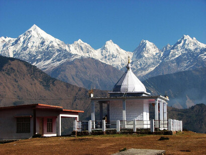 Temple in Munsiary (Kumaon, Uttarakhand) with Panchachuli, ph by A.K. Choudhuri 