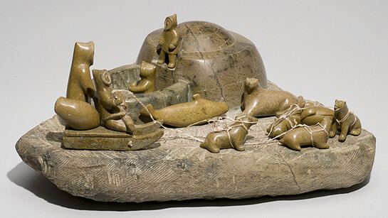 Joanasie Lyta (Kimmirut, 1921–c. 2008) Igloo Scene, 1977. Stone, sinew. Collection of the Winnipeg Art Gallery. Gift from the Collection of George and Tannis Richardson, 2011-77Photo: Ernest Mayer, Winnipeg Art Gallery