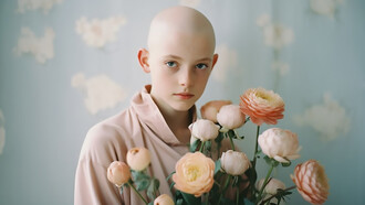 A touching image capturing a young cancer patient holding flowers