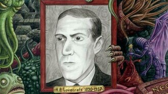 Ritratto di H. P. Lovecraft circondato dalle creature del Mito di Cthulhu da lui inventate, opera di Dominique Signoret