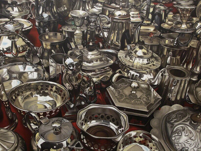 Caption for the silver objects is: Margaret Morrison "Atomic 47", 2016, Oil on canvas, 72 x 96 inches; 182.9 x 243.8 cm; Courtesy of Woodward Gallery, NYC