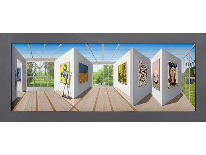Patrick Hughes, The Beyeler and Beyond, 2015, Oil on board construction, 58.5 x 158.5 x 23 cm, 23 1/8 x 62 3/8 x 9 1/8 in, Framed:76.5 x 176.5 x 24 cm / 30 1/8 x 69 1/2 x 9 1/2 in, courtesy of Flowers Gallery, London and New York