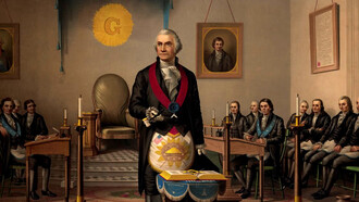 O presidente dos EUA, George Washington, presidindo uma reunião da Loja Maçônica de Alexandria, Virgínia. Esta reunião preparou a loja para lançar a pedra fundamental do Capitólio dos Estados Unidos em 18 de setembro de 1793