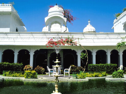 The Lake Palace Hotel’s courtyard in Udaipur, Rajasthan, is a tranquil oasis that reflects the grandeur of royal India