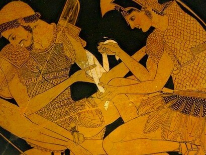 Aquiles vendado a Patroclo. Kílix de figuras rojas del Pintor de Sosias, h. 500 a. C.