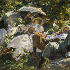 John Singer Sargent (American, Florence 1856–-1925 London)
Group with Parasols (Siesta), around 1904–5
Oil on canvas
22–3/8 × 28–9/16 in. (56.8 × 72.5 cm)
Private Collection