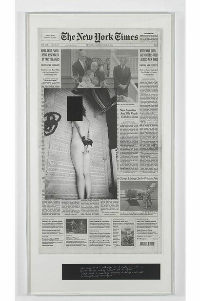 Leigh Ledare, An Invitation: Monday, July 25, 2011, 2012, Photolithograph on archival newsprint, silkscreen and pencil, 91 1/4 by 47 3/4 in. 231.8 by 121.3 cm