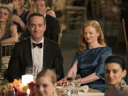 Sarah Snook as Siobhan "Shiv" Roy and Matthew Macfadyan as Tom Wambsgans in a scene from Succession