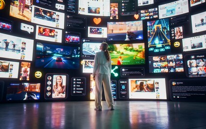 Diante de uma parede de telas, uma mulher contempla o universo de conteúdos que a vida conectada coloca permanentemente ao nosso alcance. Com sugestões, informações e estímulos, o algoritmo ajuda a decidir aquilo que chega até nós