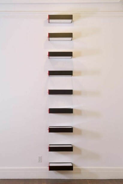 Flat File Globe, 2013 Yupo, foam board, metal cabinet, and plexiglass Nine cabinet files, each 3 3/8 x 17 3/4 x 12 1/8 inches Overall dimensions variable (cabinet files to be hung at equal intervals; minimum distance between each cabinet file is 6 inches)