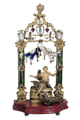 Allegorie des Winters aus einer Folge der vier Jahreszeiten, Christoph Ertel, um 1670-1719um 1706 Zittau Elfenbein, bemalt, Silber, vergoldet, Email, Glasflüsse, Muschelkameen, AchatH 19,2 cm; W 9,6 cm