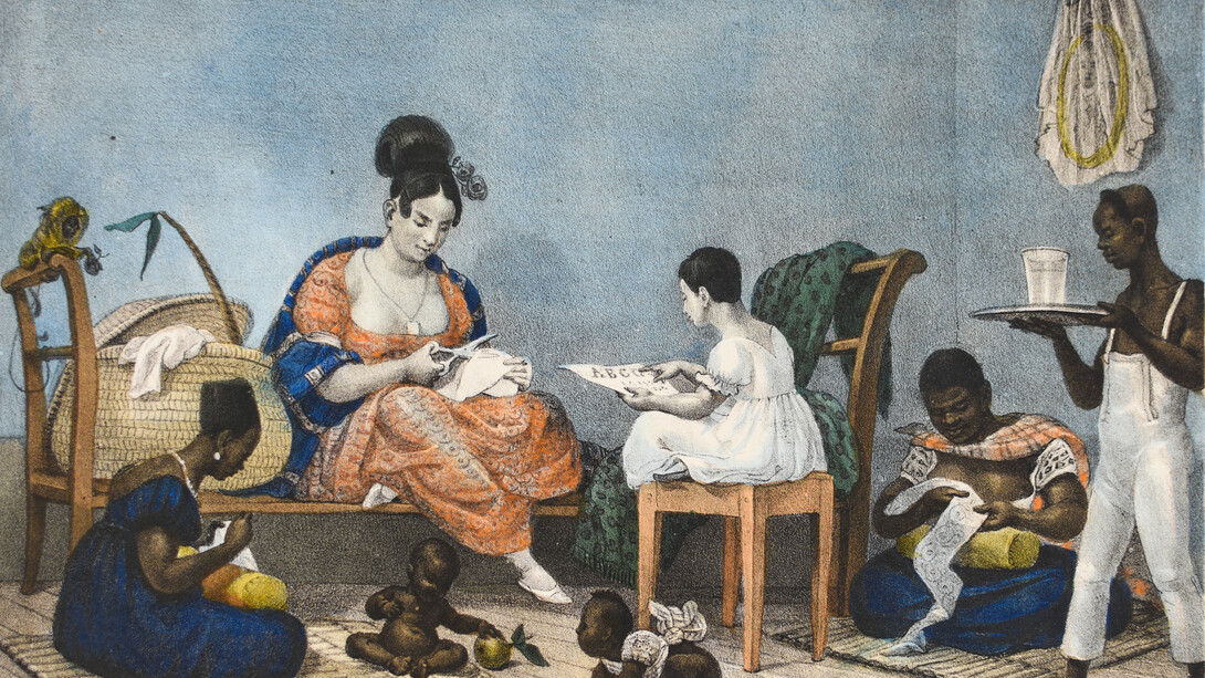 Jean-Baptiste Debret, pintor francés (1768 — 1848) "Una dama de fortuna ordinaria en su hogar en medio de sus hábitos diarios"
