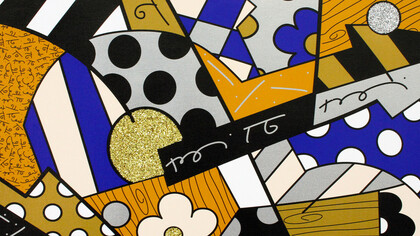 Romero Britto.  The Blues, 2017, serigrafia su tela con polvere di diamante, cm 46x61