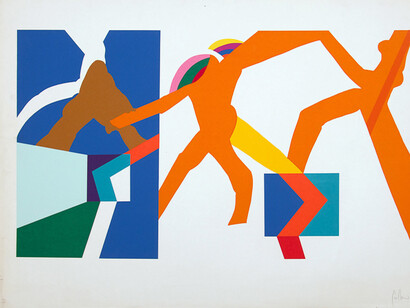 Guillermo Núñez (Chile), Homenaje al trabajo voluntario, 1972. Serigrafía de un mural en el edificio de la UNCTAD III (actual Centro Cultural Gabriela Mistral). Este mural fue destruido durante la dictadura, por lo que este grabado se transformó en un documento valioso de este episodio histórico, MAC, Santiago, Chile