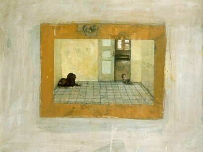 Gregory Gillespie, Dog and Doll in Room, 1981, mixed media, 25 x 31 inches