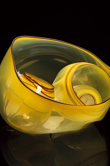 Dale Chihuly, Tumeric Yellow Basket Set with Deep Maroon Lip Wraps, Dimensions: 7 x 10 x 11", Piece Number: 00.435.b4