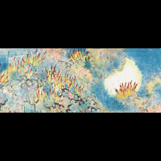 Dachan, Yuan Jue Bao Sheng Wu Liang De Ren Pu Hua Lotus, 2012, Ink and colour on paper, 40×150cm. Courtesy the artist.
 