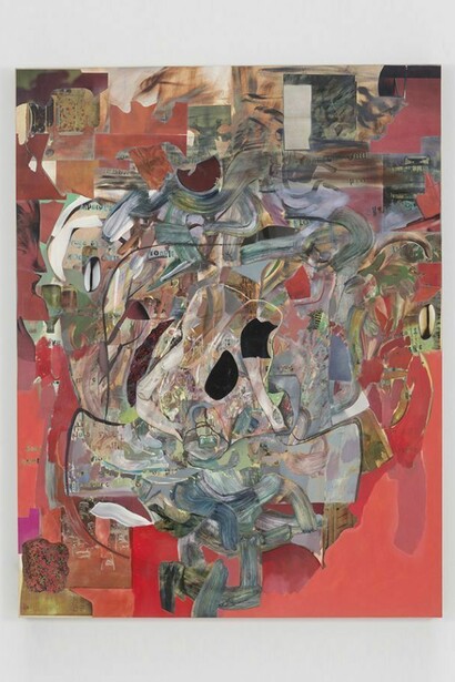 Elliott Hundley, fugitive song, 2014, Oil paint and paper on linen, 78 x 60 x 2 inches (198.1 x 152.4 x 5.1 cm)