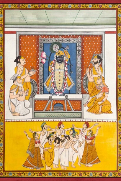 Un dipinto di Sri Nath-Ji, India, Rajashan, Nathdwara, 1850. Rappresentazione di Krishna e i suoi discepoli