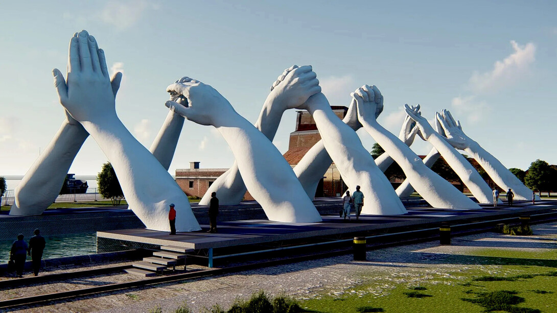 Túnel de mãos na Bienal de Arte de Veneza (2019), por Lorenzo Quinn