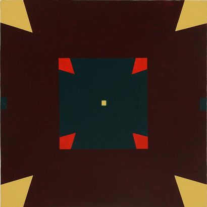 Mary Judge, Thēsauros, 2014, flashe on linen mounted on board, 18.75 x 18.25 inches