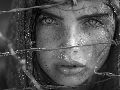 A woman's unflinching stare behind barbed barriers captures the quiet agony of those caught in the crossfire of broken systems and lost sovereignty