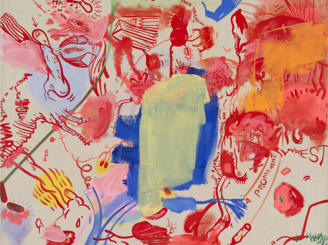 Sue Williams, The National Conversation, Stored in Utah, 2014, Oil on canvas, 16 x 20 inches; 40.6 x 50.8 cm