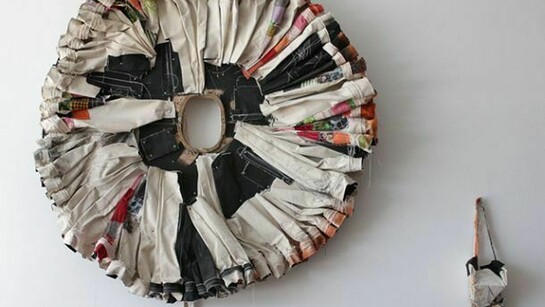 Greg Smith, Ruff, 2013, Canvas, fabric, gesso, graphite, hardware, thread, spray paint, wood, 72 x 10 in. Courtesy: Susan Inglett Gallery, NYC.