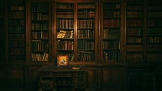 An expansive library filled with preserved volumes, representing the archive as a space for safeguarding stories and knowledge