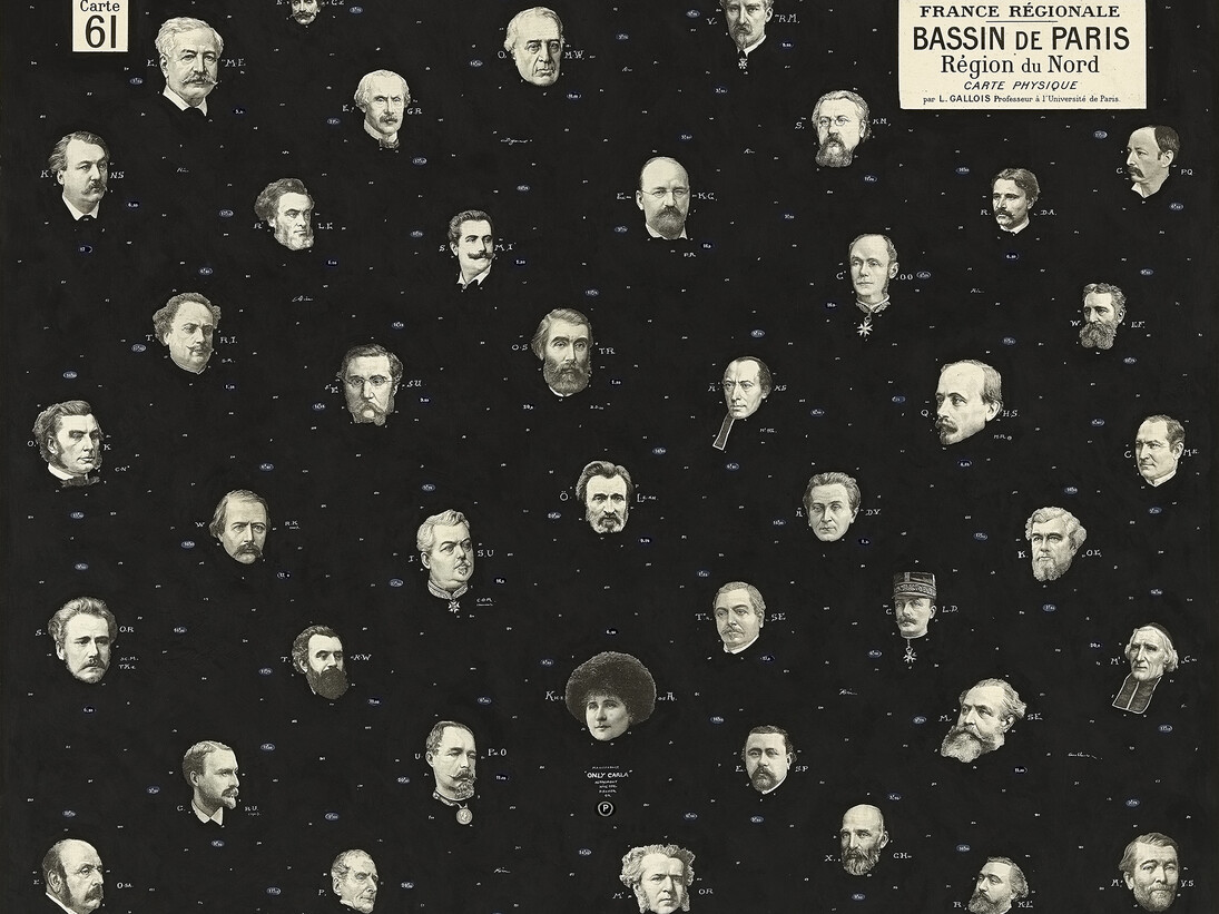 Philippe Favier, Bassin de Paris – Région Nord, 2013_Collages et noir poudré sur carte de géographie, 100 x 120 cm © Courtesy Bernard Chauveau Editeur, Le Néant Editeur, Philippe Favier