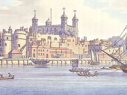 Painter Joseph Farington RA; engraver J.C. Stadler (from William Combe (1796) 'An History of the Rivers of Great Britain' (Boydell: London). The River Thames is in the foreground showing the embankment of the Tower of London under repair