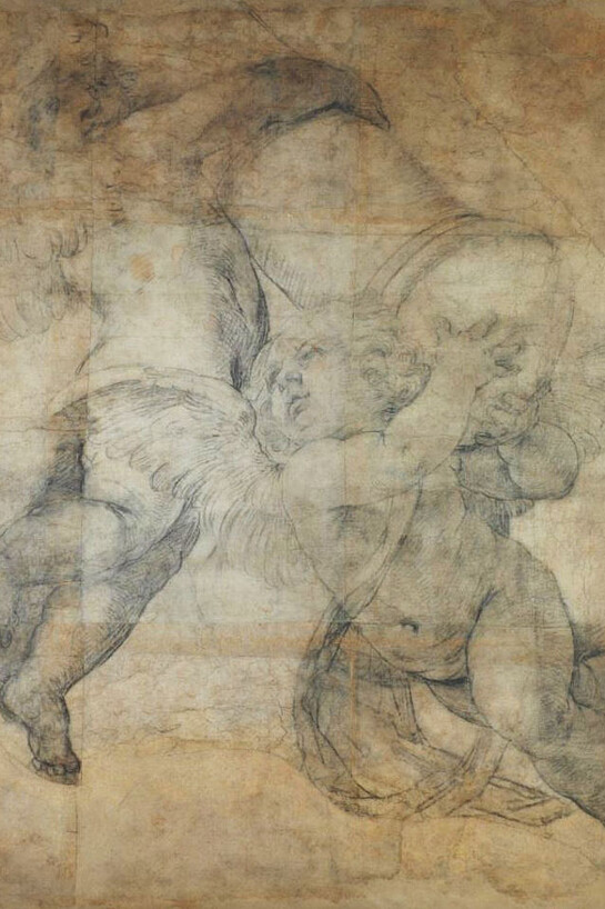 Guido Reni, Due angioletti che portano una colonna (Angioletti con simboli del martirio), cartone, carboncino, punta di metallo, 1615 ca.