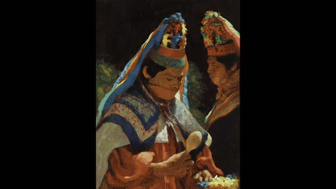 Elias Rivera, Matachine Dancers, n.d., oil on linen, 12x9.50 inches. Courtesy of LewAllen Galleries
