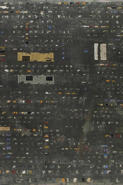 Residuos analogicos, 2013, oil, graffite, collage on steel mesh, 120 x 105 cm
