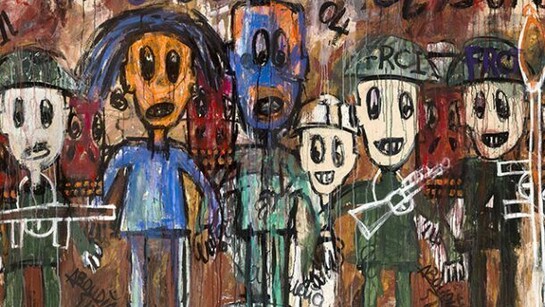 Aboudia, Djoly Du Mogoba, 2011, acrylic and mixed media on canvas, 176 x 237cm (each canvas), © Aboudia, 2011, Image courtesy of the Saatchi Gallery, London