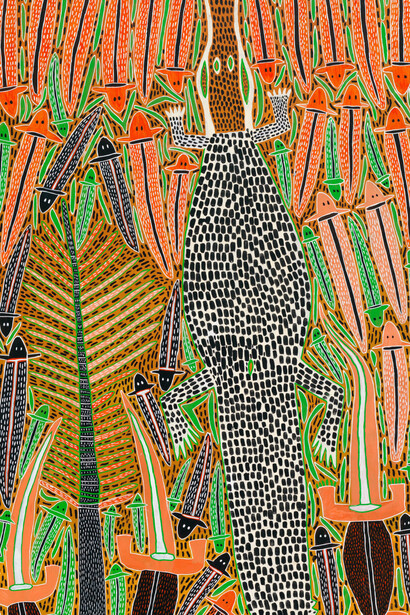 Djambu Burra Burra, Crocodile and cypress pine (detail), 1995. Courtesy of National Gallery of Australia