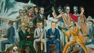 Los surrealistas y sus padrinos se dan cita en Reunión de amigos, de Max Ernst (1922)Óleo sobre lienzo, 130 x 195 cm. Museum Ludwig, Colonia. De pie, de izquierda a derecha: Philippe Soupault, Jean Arp, Max Morise, Rafael Sanzio, Paul Éluard, Louis Aragon, André Breton, Giorgio de Chirico y Gala Éluard. Sentados, de izquierda a derecha: René Crevel, Max Ernst, Fiódor Dostoyevski, Théodore Fraenkel, Jean Paulhan, Benjamin Péret, Johannes Theodor Baargeld y Robert Desnos.