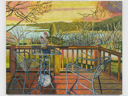 JJ Manford, Massachusetts Porch Sitting with Squirrel and Rooster Vase, 2023. Oil stick, oil pastel, and Flashe on burlap over canvas, 72 x 90 inches. Courtesy of Derek Eller Gallery